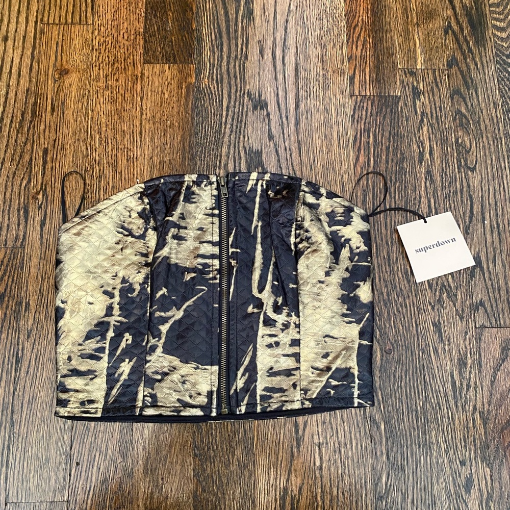 gold and black strapless superdown top